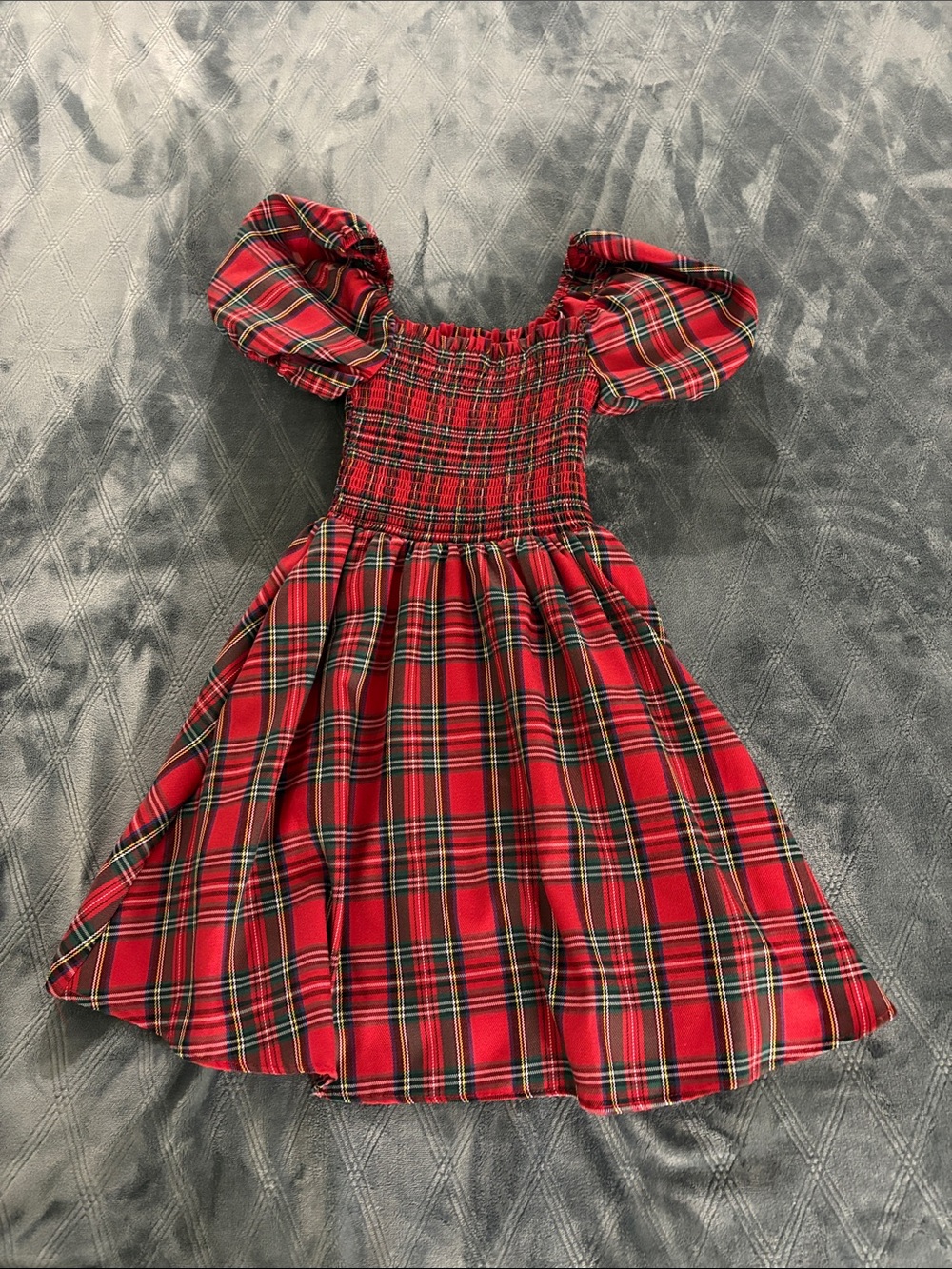Altar'd State Red Plaid Puff-Sleeve Smocked Kids Dress